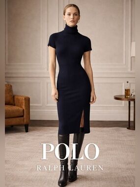 Ralph Lauren Wool Blend Turtleneck Midi Dress Minimalist Navy Size S/XS